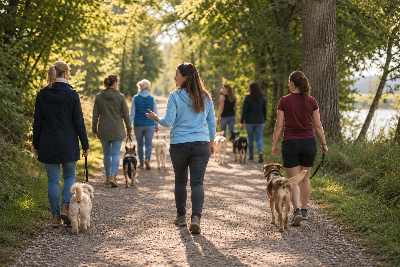Eine Gruppe von Menschen geht mit ihren angeleinten Hunden auf einem von Bäumen gesäumten Weg spazieren