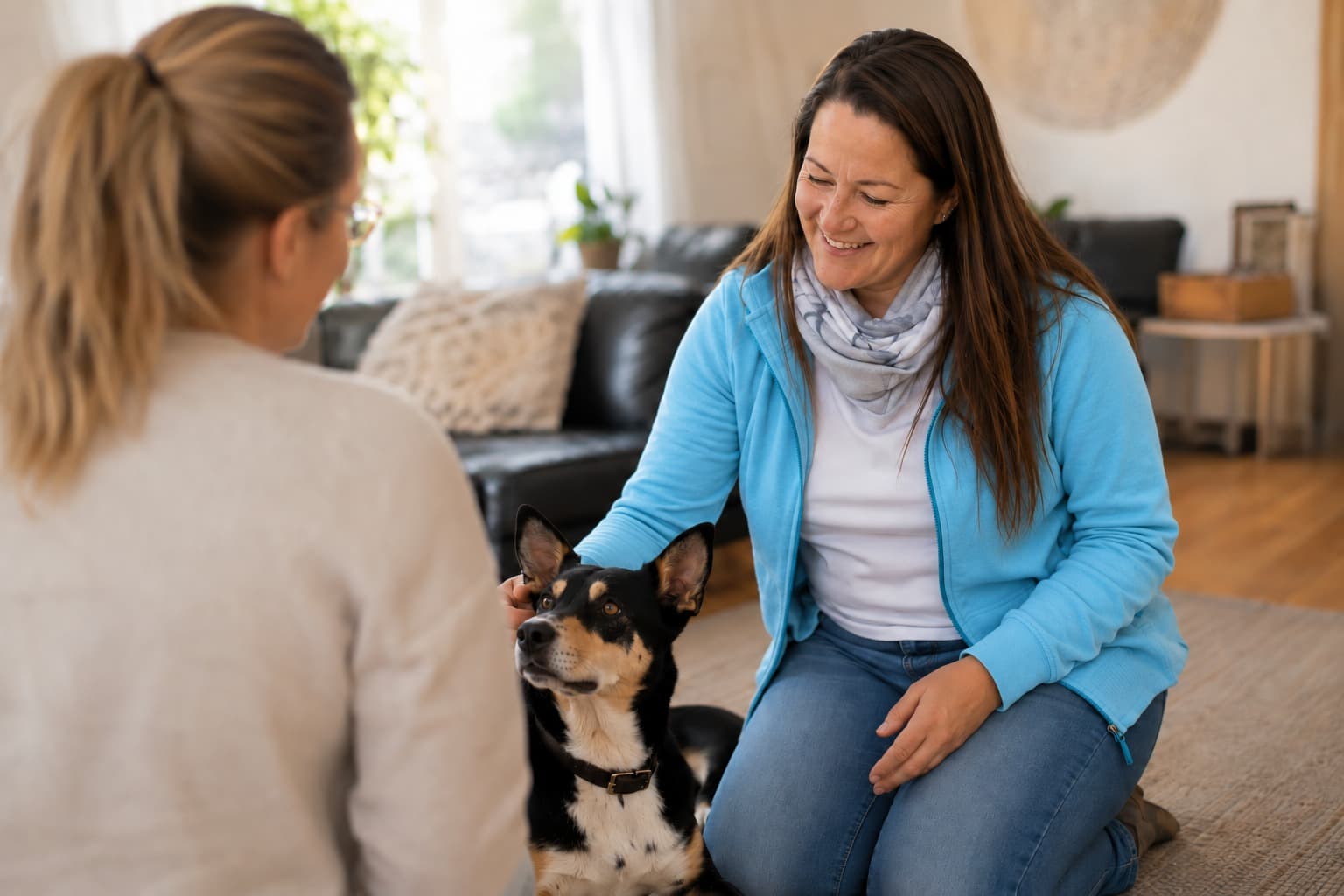 Sonja im Analysegespräch mit einer Hundehalterin und ihrem Hund im Wohnzimmer