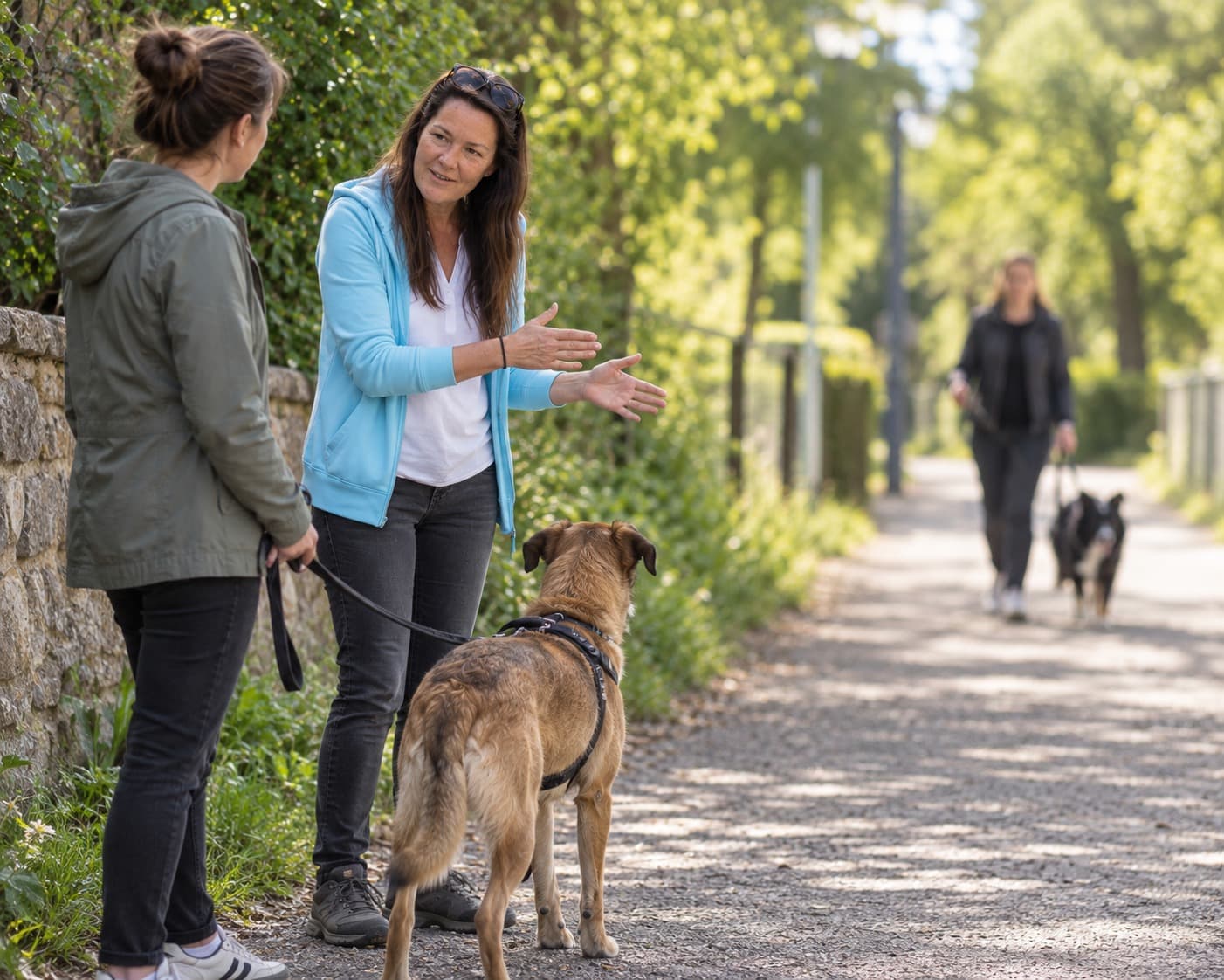 Sonja begleitet eine Hundehalterin und ihren Hund bei einer Begegnung auf einem Spazierweg