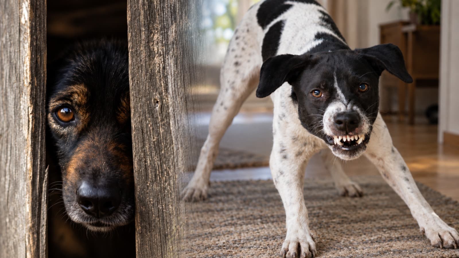 Zwei Verhaltenssituationen: Ein Hund blickt aus einem geschützten Versteck, ein anderer zeigt im Innenraum seine Zähne
