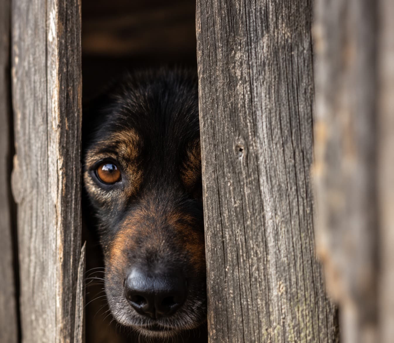 Ein Hund blickt vorsichtig durch einen schmalen Spalt zwischen Holzbrettern